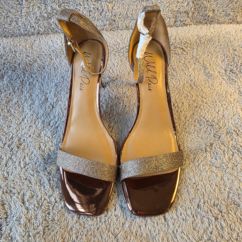 Wild Pair Women's Bronze Glitter Heels Stilettos Ankle Strap Square Toe 12M NEW‎ - Picture 3 of 7